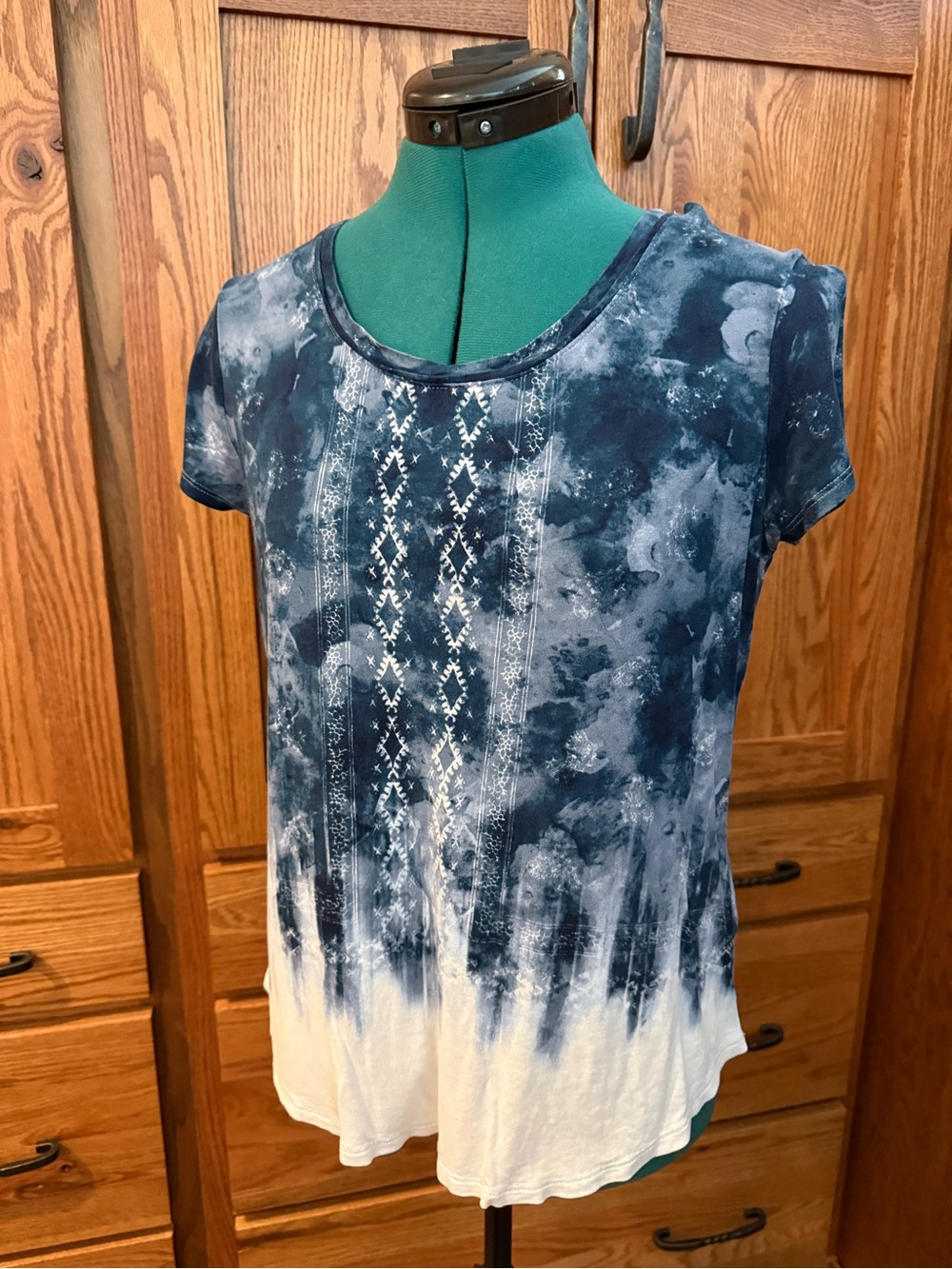 Women's Blue Tie-Dye Short Sleeve Top with Embroidered Front - Picture 2 of 7